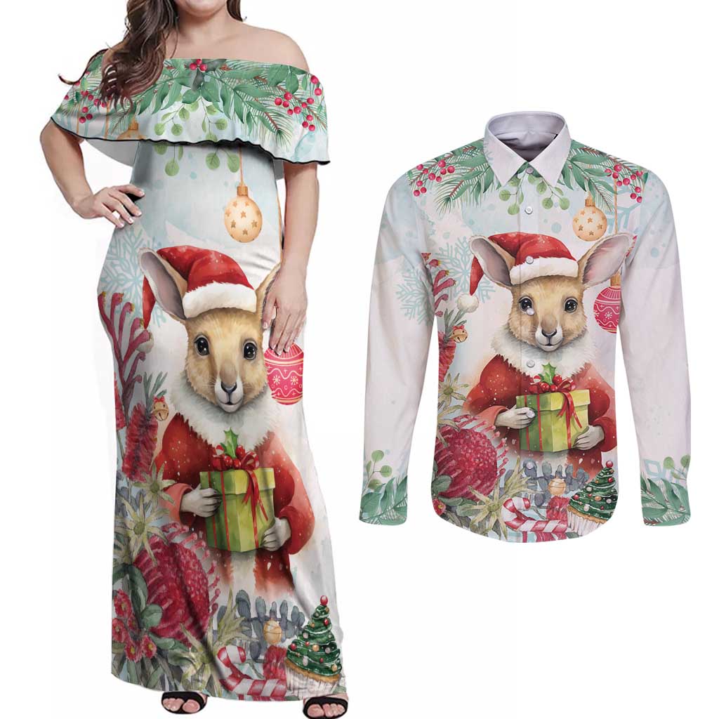 Australia Christmas Couples Matching Off Shoulder Maxi Dress and Long Sleeve Button Shirt Kangaroo Santa With Aussie Flower - Watercolor