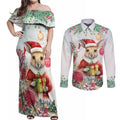 Australia Christmas Couples Matching Off Shoulder Maxi Dress and Long Sleeve Button Shirt Kangaroo Santa With Aussie Flower - Watercolor