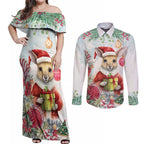 Australia Christmas Couples Matching Off Shoulder Maxi Dress and Long Sleeve Button Shirt Kangaroo Santa With Aussie Flower - Watercolor