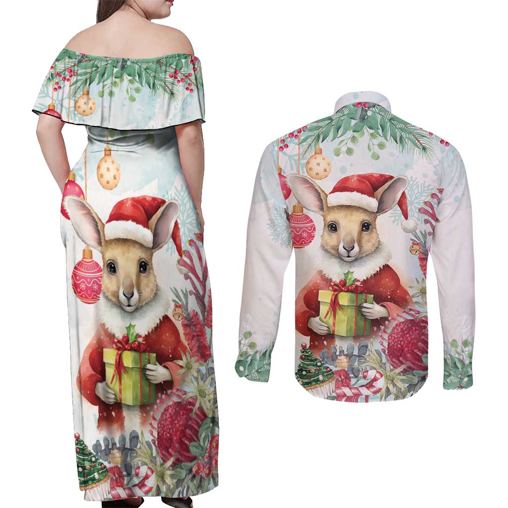 Australia Christmas Couples Matching Off Shoulder Maxi Dress and Long Sleeve Button Shirt Kangaroo Santa With Aussie Flower - Watercolor