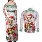 Australia Christmas Couples Matching Off Shoulder Maxi Dress and Long Sleeve Button Shirt Kangaroo Santa With Aussie Flower - Watercolor