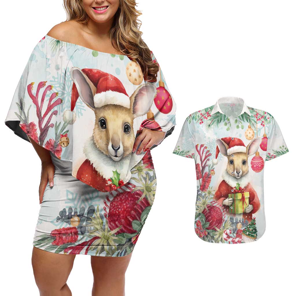 Australia Christmas Couples Matching Off Shoulder Short Dress and Hawaiian Shirt Kangaroo Santa With Aussie Flower - Watercolor