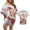Australia Christmas Couples Matching Off Shoulder Short Dress and Hawaiian Shirt Kangaroo Santa With Aussie Flower - Watercolor
