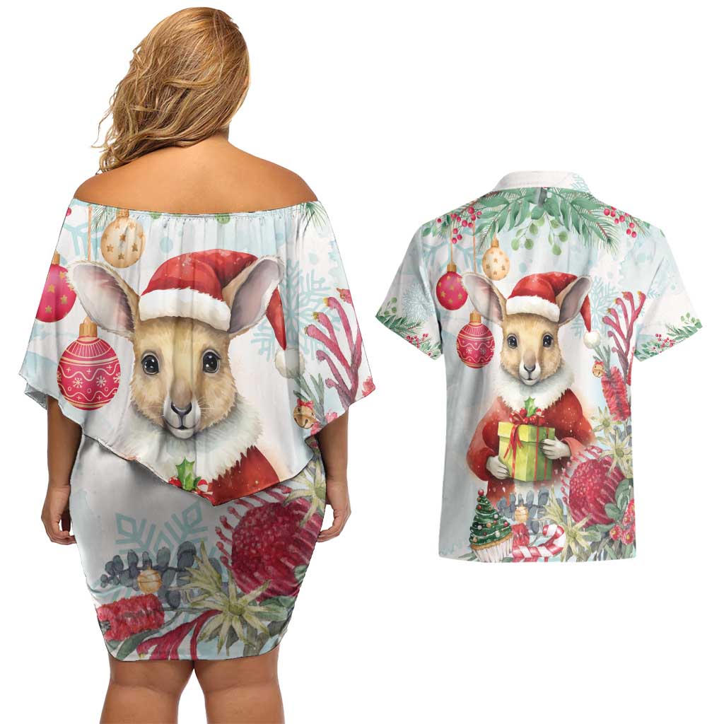 Australia Christmas Couples Matching Off Shoulder Short Dress and Hawaiian Shirt Kangaroo Santa With Aussie Flower - Watercolor