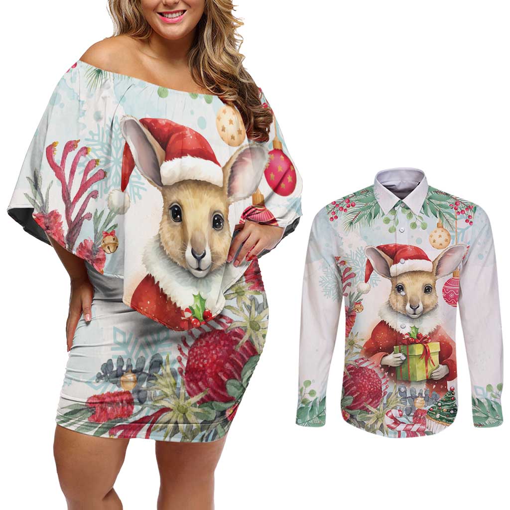 Australia Christmas Couples Matching Off Shoulder Short Dress and Long Sleeve Button Shirt Kangaroo Santa With Aussie Flower - Watercolor