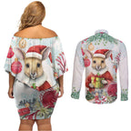 Australia Christmas Couples Matching Off Shoulder Short Dress and Long Sleeve Button Shirt Kangaroo Santa With Aussie Flower - Watercolor
