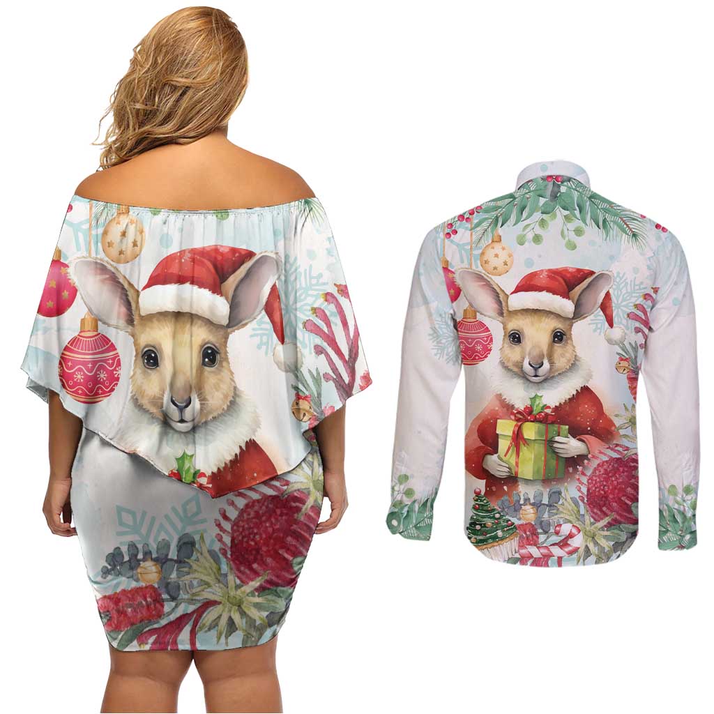 Australia Christmas Couples Matching Off Shoulder Short Dress and Long Sleeve Button Shirt Kangaroo Santa With Aussie Flower - Watercolor