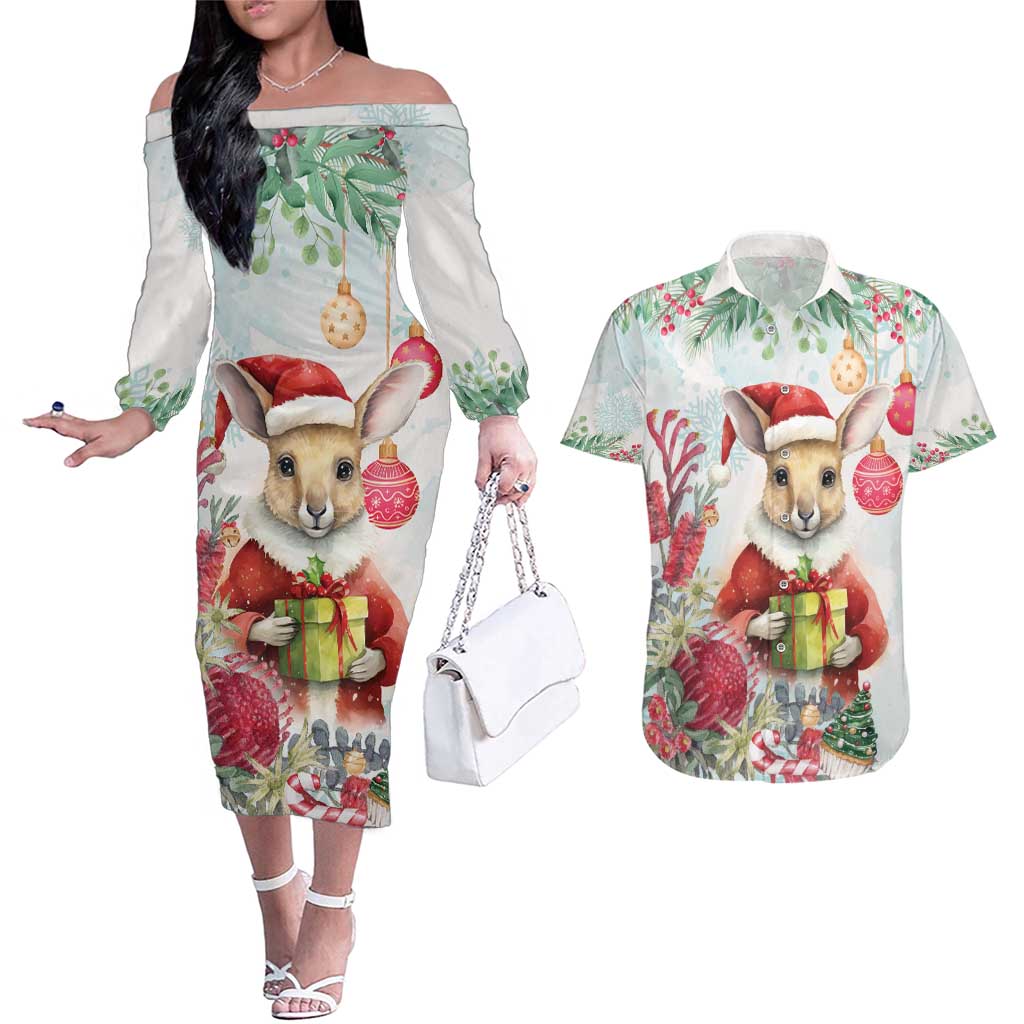 Australia Christmas Couples Matching Off The Shoulder Long Sleeve Dress and Hawaiian Shirt Kangaroo Santa With Aussie Flower - Watercolor