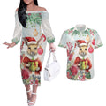 Australia Christmas Couples Matching Off The Shoulder Long Sleeve Dress and Hawaiian Shirt Kangaroo Santa With Aussie Flower - Watercolor