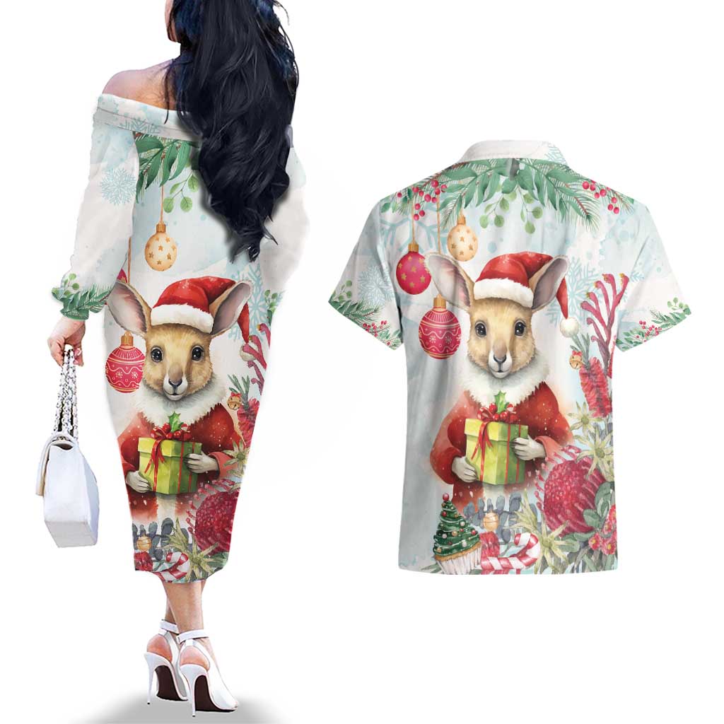 Australia Christmas Couples Matching Off The Shoulder Long Sleeve Dress and Hawaiian Shirt Kangaroo Santa With Aussie Flower - Watercolor
