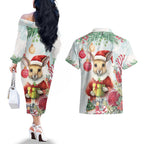 Australia Christmas Couples Matching Off The Shoulder Long Sleeve Dress and Hawaiian Shirt Kangaroo Santa With Aussie Flower - Watercolor