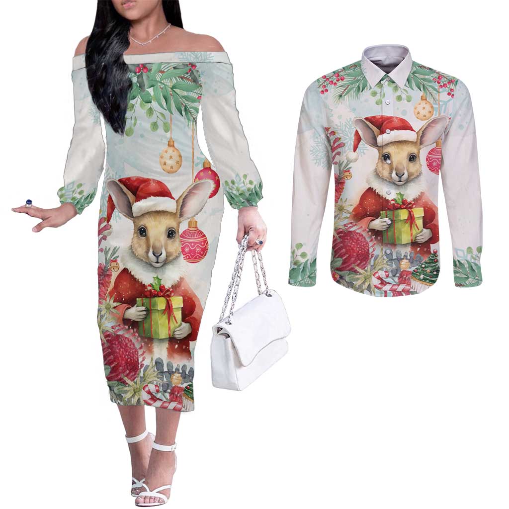 Australia Christmas Couples Matching Off The Shoulder Long Sleeve Dress and Long Sleeve Button Shirt Kangaroo Santa With Aussie Flower - Watercolor