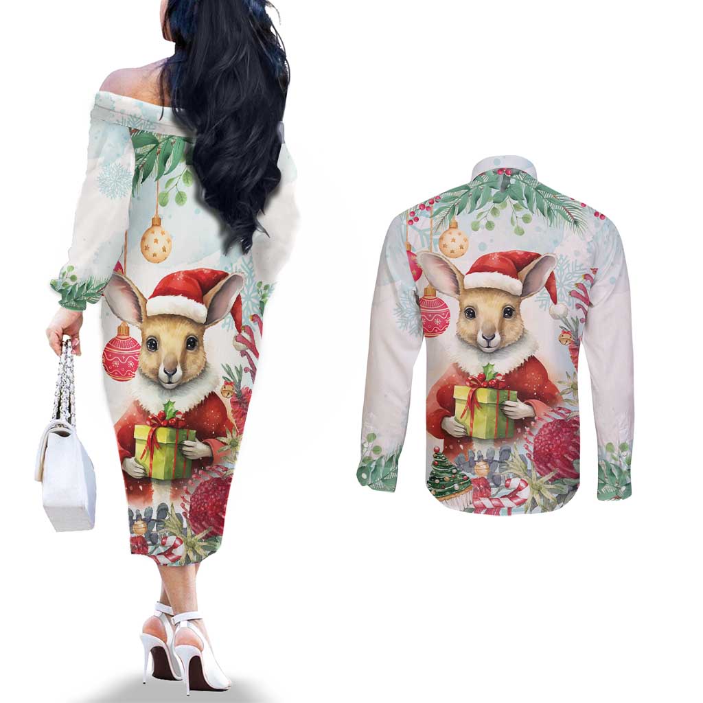 Australia Christmas Couples Matching Off The Shoulder Long Sleeve Dress and Long Sleeve Button Shirt Kangaroo Santa With Aussie Flower - Watercolor