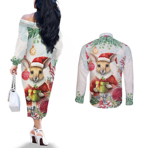 Australia Christmas Couples Matching Off The Shoulder Long Sleeve Dress and Long Sleeve Button Shirt Kangaroo Santa With Aussie Flower - Watercolor