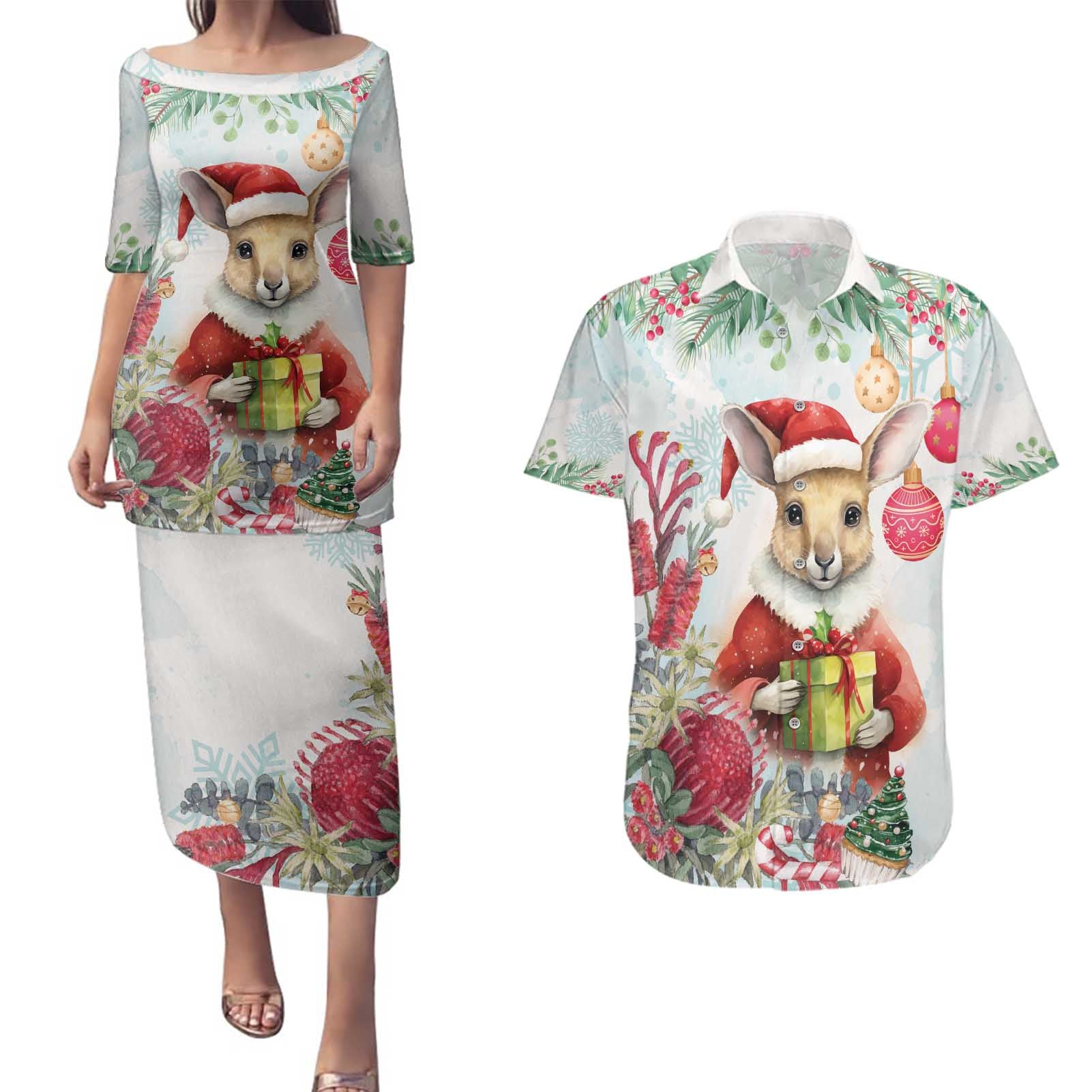 Australia Christmas Couples Matching Puletasi and Hawaiian Shirt Kangaroo Santa With Aussie Flower - Watercolor