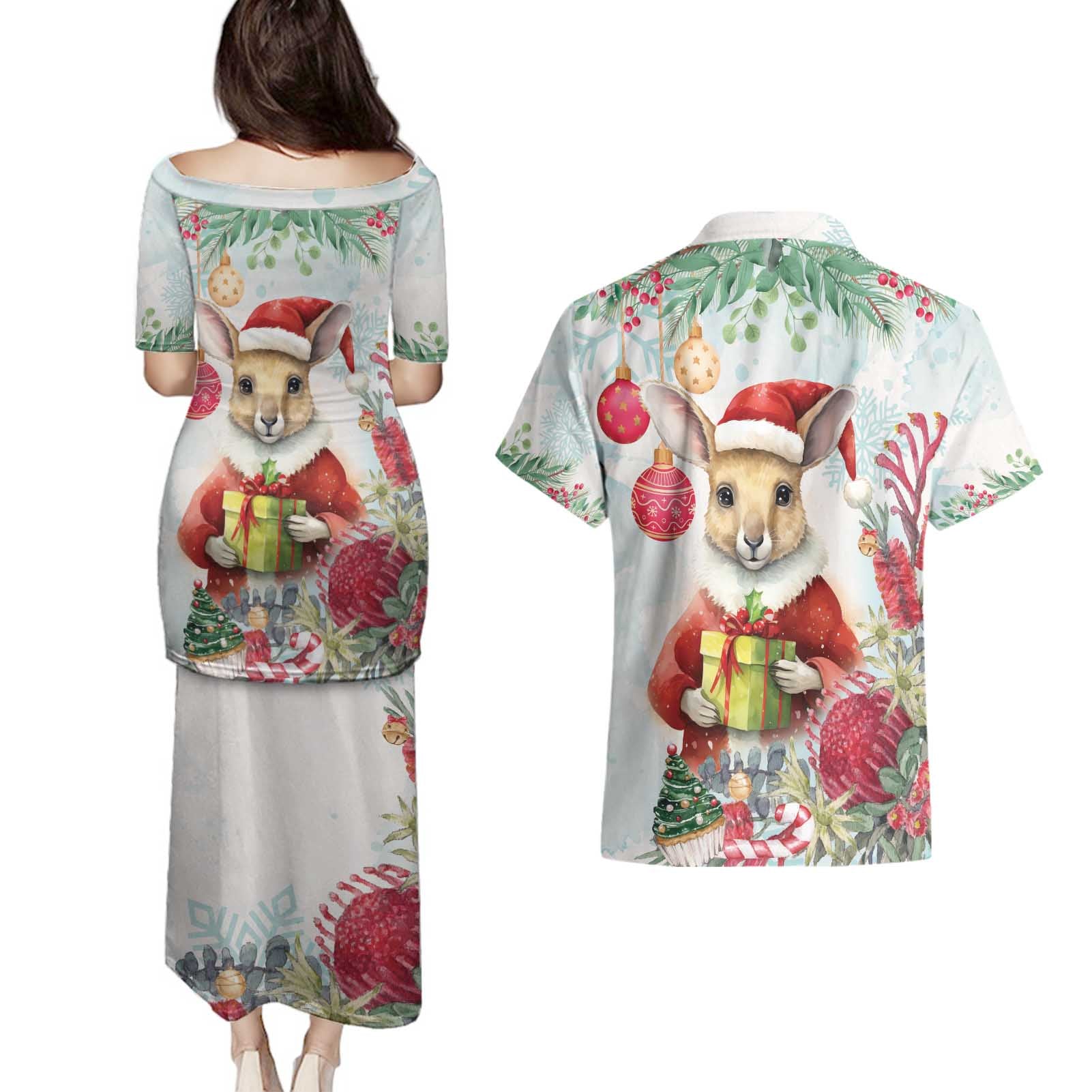 Australia Christmas Couples Matching Puletasi and Hawaiian Shirt Kangaroo Santa With Aussie Flower - Watercolor