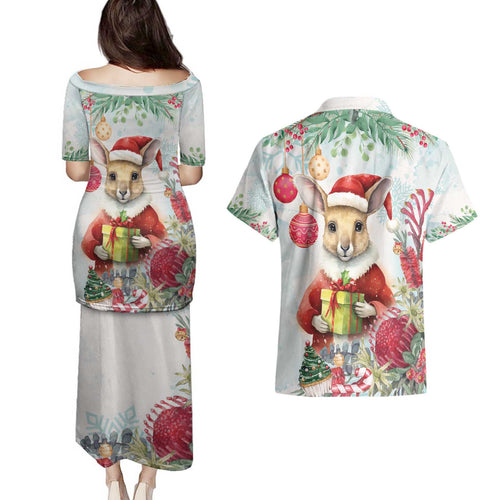 Australia Christmas Couples Matching Puletasi and Hawaiian Shirt Kangaroo Santa With Aussie Flower - Watercolor