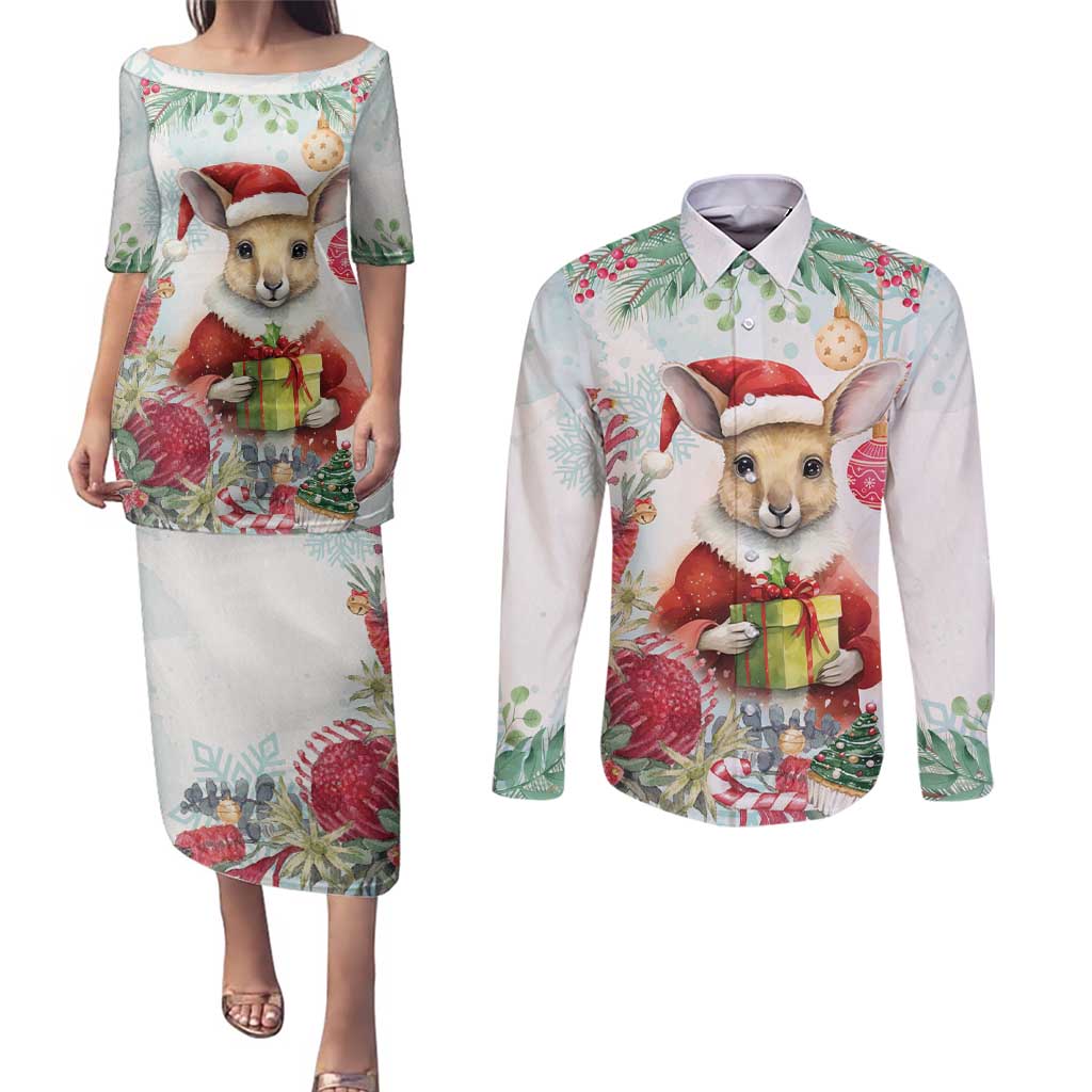 Australia Christmas Couples Matching Puletasi and Long Sleeve Button Shirt Kangaroo Santa With Aussie Flower - Watercolor