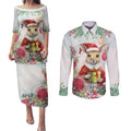 Australia Christmas Couples Matching Puletasi and Long Sleeve Button Shirt Kangaroo Santa With Aussie Flower - Watercolor
