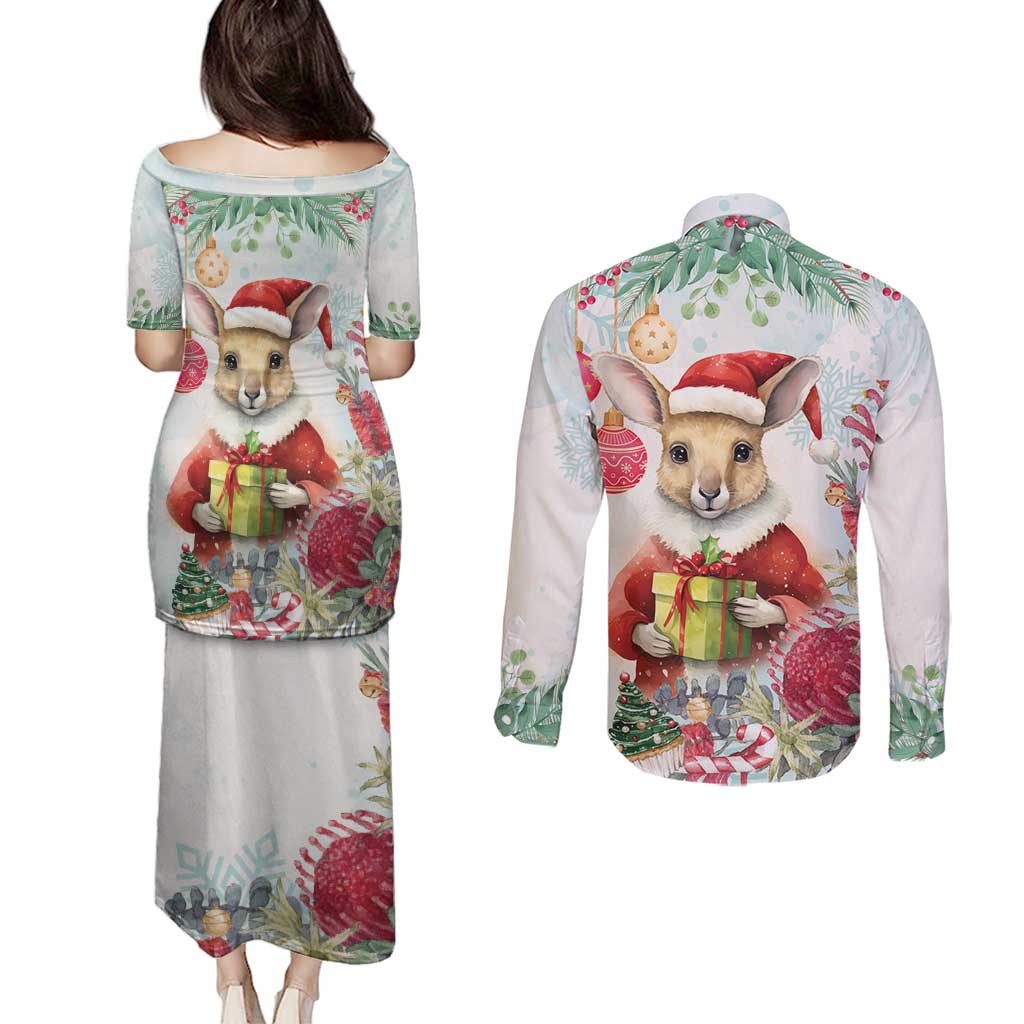 Australia Christmas Couples Matching Puletasi and Long Sleeve Button Shirt Kangaroo Santa With Aussie Flower - Watercolor