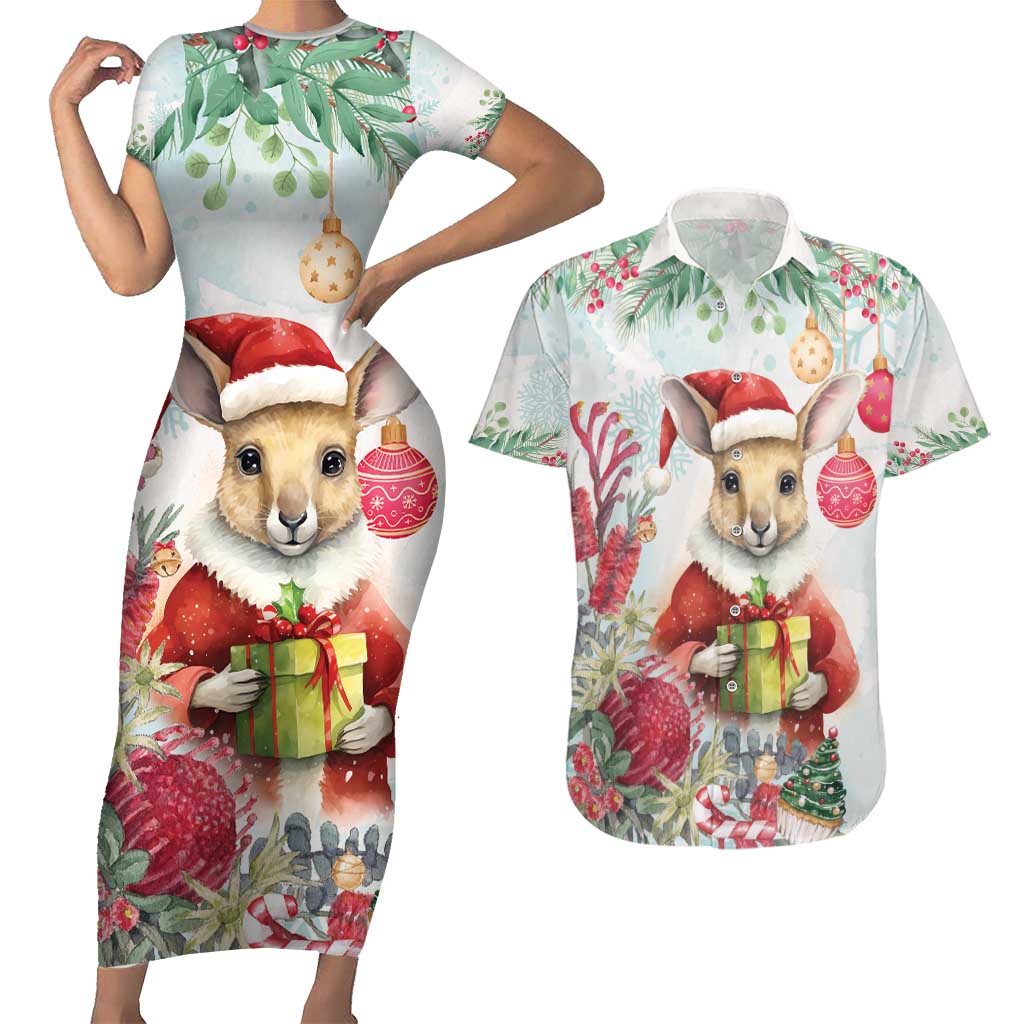 Australia Christmas Couples Matching Short Sleeve Bodycon Dress and Hawaiian Shirt Kangaroo Santa With Aussie Flower - Watercolor