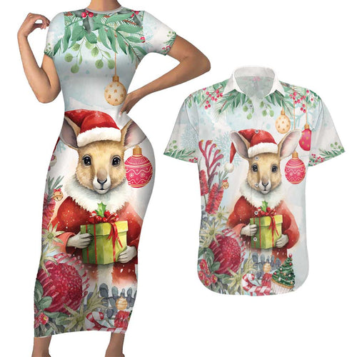 Australia Christmas Couples Matching Short Sleeve Bodycon Dress and Hawaiian Shirt Kangaroo Santa With Aussie Flower - Watercolor