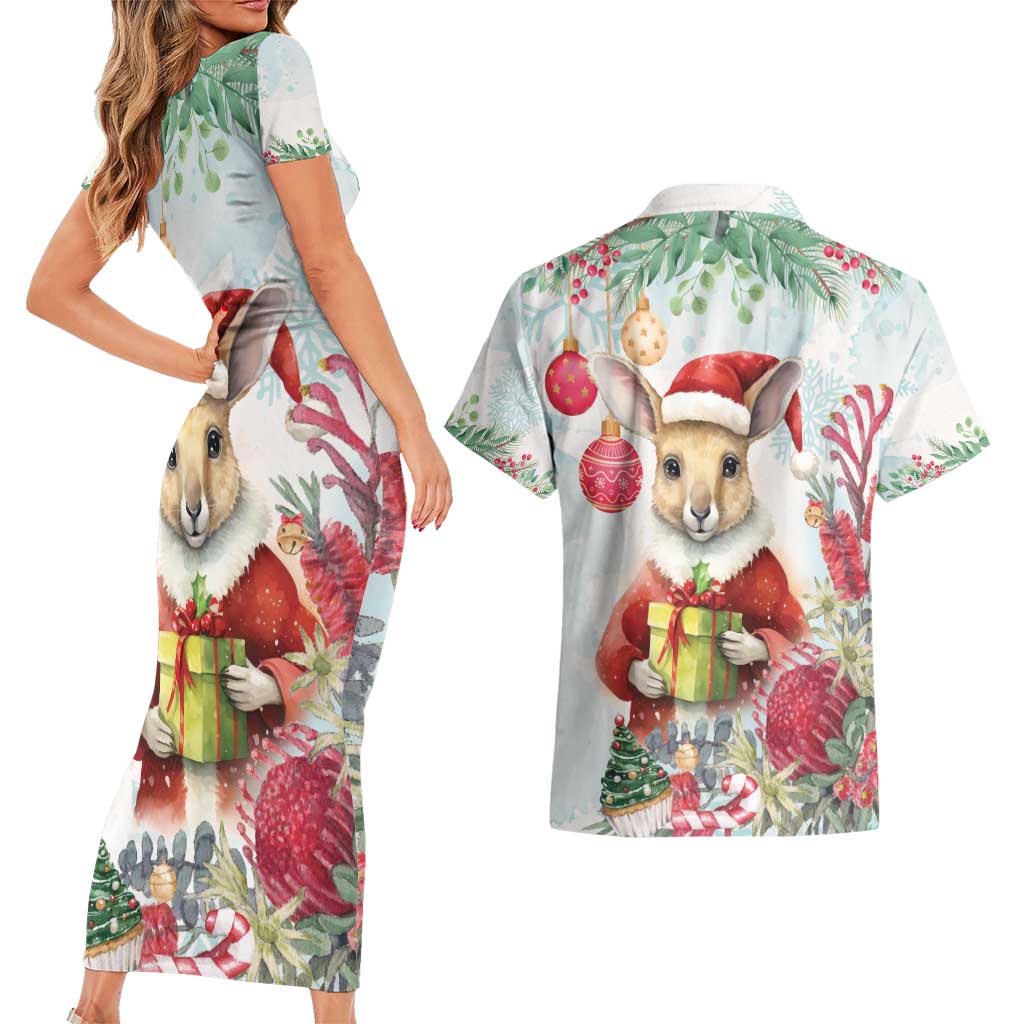 Australia Christmas Couples Matching Short Sleeve Bodycon Dress and Hawaiian Shirt Kangaroo Santa With Aussie Flower - Watercolor