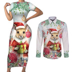 Australia Christmas Couples Matching Short Sleeve Bodycon Dress and Long Sleeve Button Shirt Kangaroo Santa With Aussie Flower - Watercolor