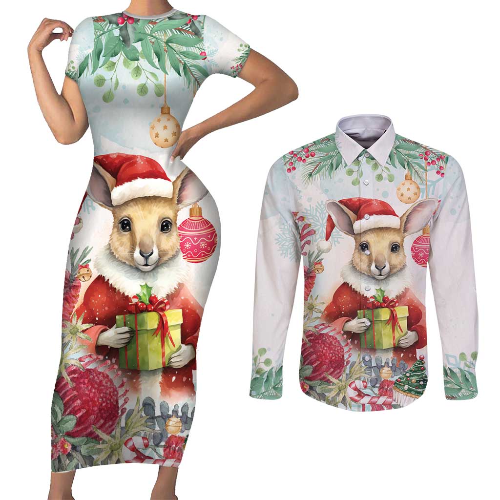 Australia Christmas Couples Matching Short Sleeve Bodycon Dress and Long Sleeve Button Shirt Kangaroo Santa With Aussie Flower - Watercolor