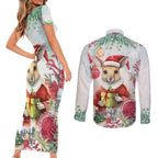 Australia Christmas Couples Matching Short Sleeve Bodycon Dress and Long Sleeve Button Shirt Kangaroo Santa With Aussie Flower - Watercolor