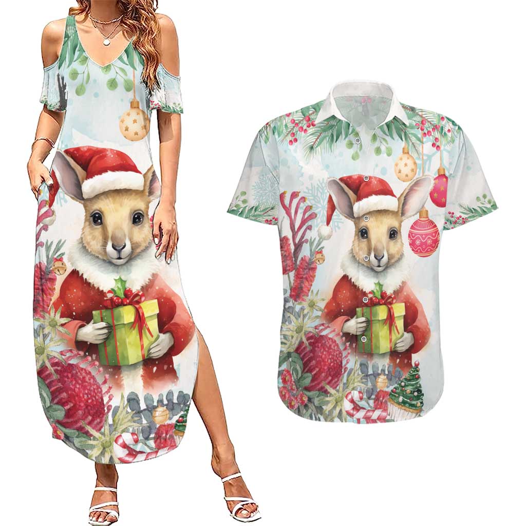 Australia Christmas Couples Matching Summer Maxi Dress and Hawaiian Shirt Kangaroo Santa With Aussie Flower - Watercolor