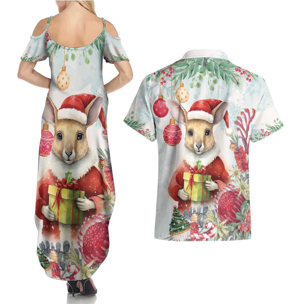 Australia Christmas Couples Matching Summer Maxi Dress and Hawaiian Shirt Kangaroo Santa With Aussie Flower - Watercolor