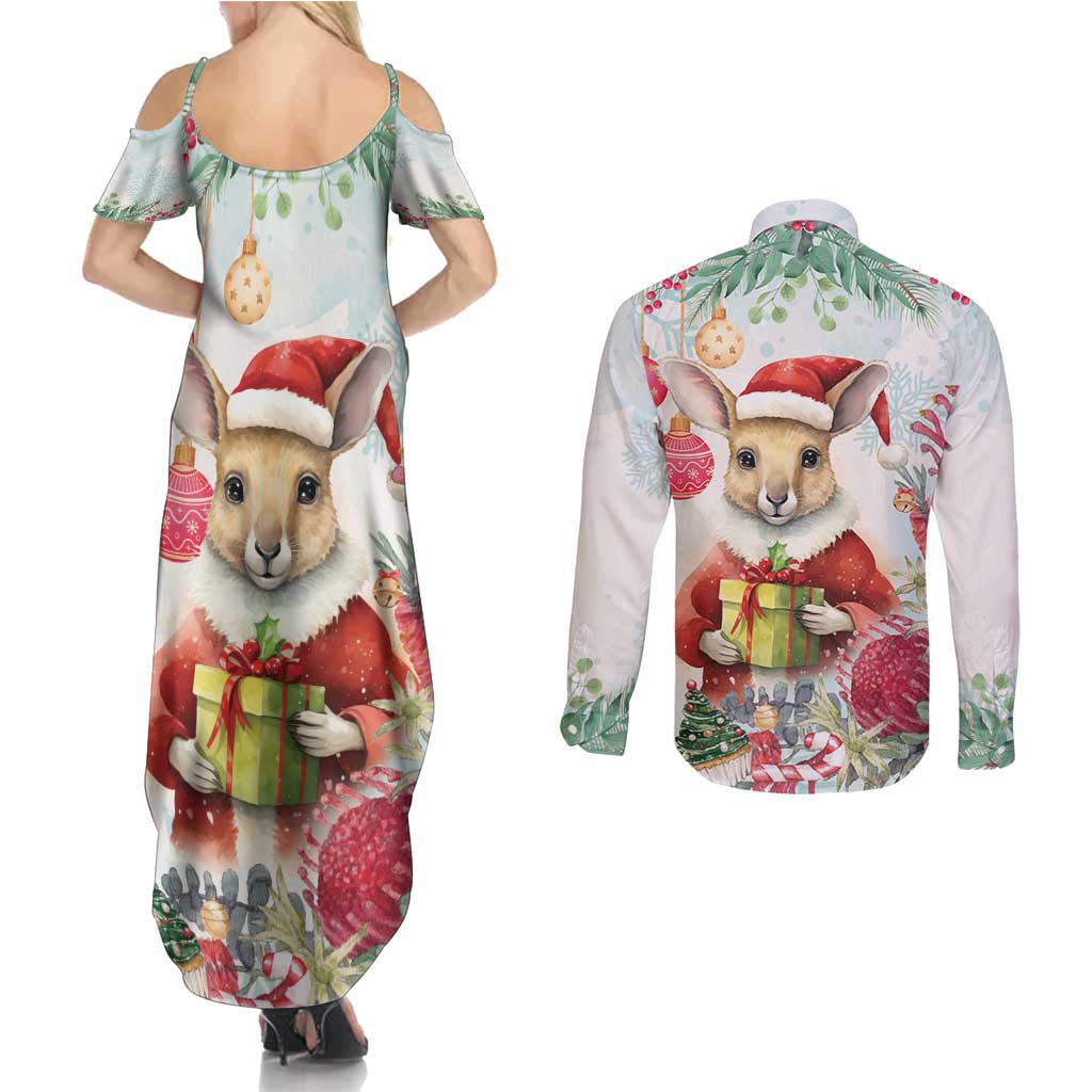 Australia Christmas Couples Matching Summer Maxi Dress and Long Sleeve Button Shirt Kangaroo Santa With Aussie Flower - Watercolor