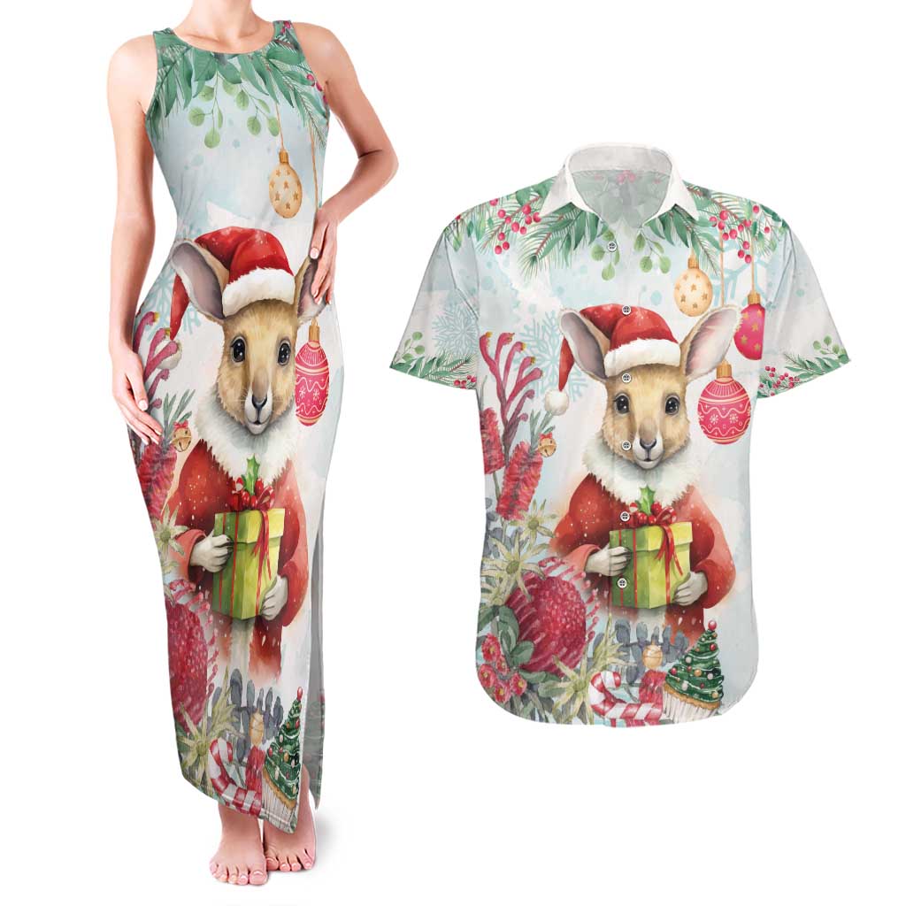 Australia Christmas Couples Matching Tank Maxi Dress and Hawaiian Shirt Kangaroo Santa With Aussie Flower - Watercolor