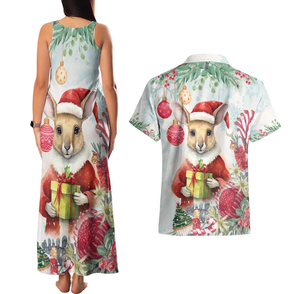 Australia Christmas Couples Matching Tank Maxi Dress and Hawaiian Shirt Kangaroo Santa With Aussie Flower - Watercolor