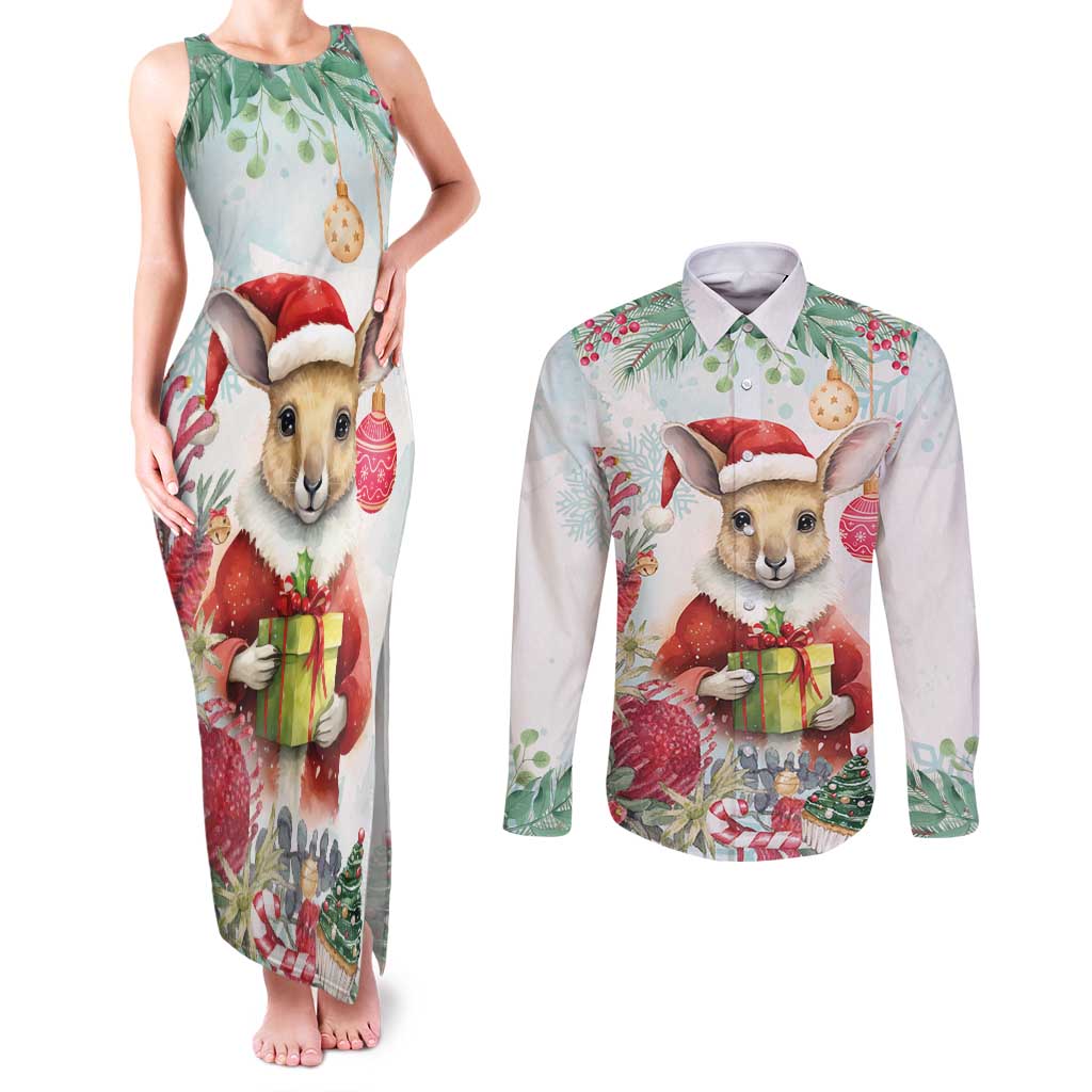 Australia Christmas Couples Matching Tank Maxi Dress and Long Sleeve Button Shirt Kangaroo Santa With Aussie Flower - Watercolor