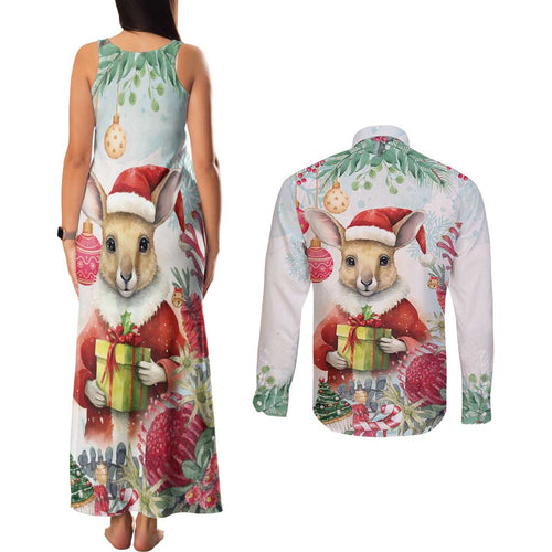Australia Christmas Couples Matching Tank Maxi Dress and Long Sleeve Button Shirt Kangaroo Santa With Aussie Flower - Watercolor