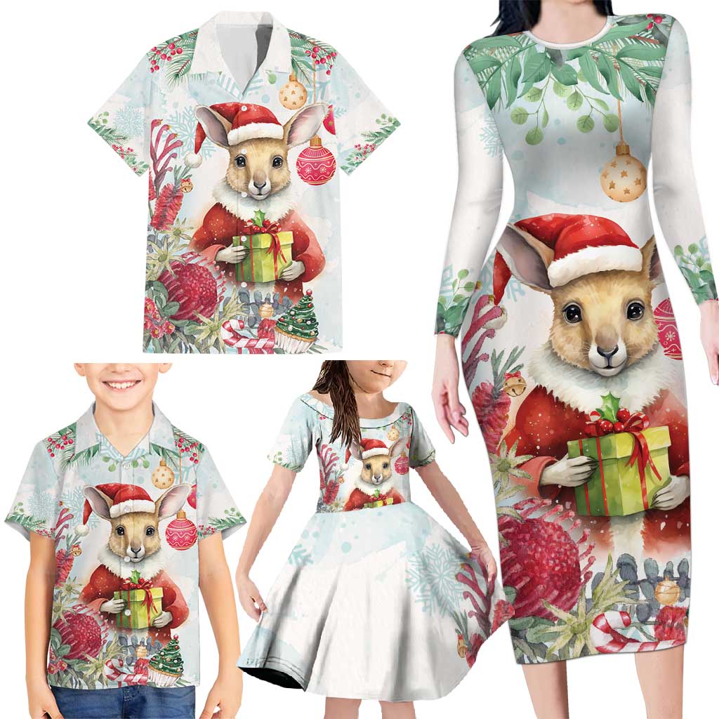 Australia Christmas Family Matching Long Sleeve Bodycon Dress and Hawaiian Shirt Kangaroo Santa With Aussie Flower - Watercolor