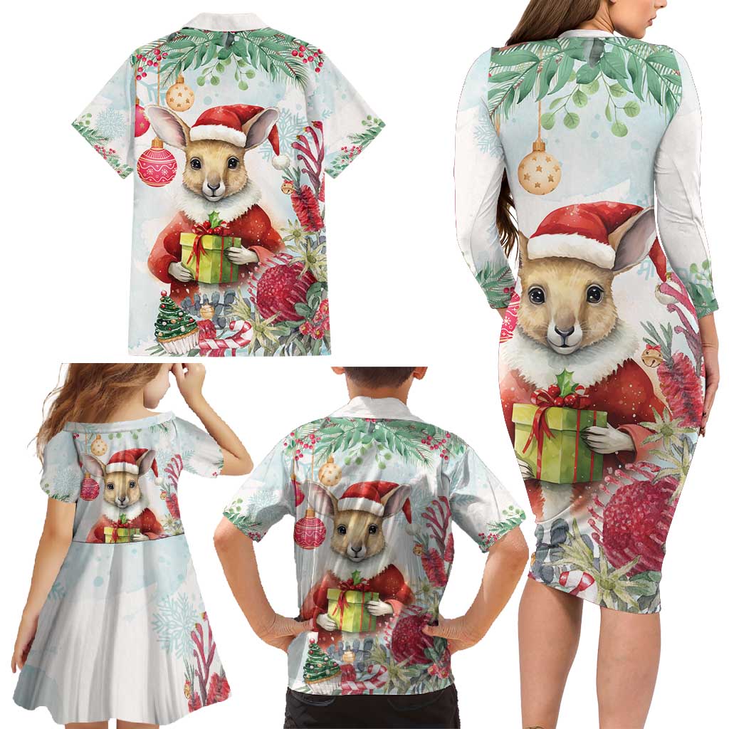 Australia Christmas Family Matching Long Sleeve Bodycon Dress and Hawaiian Shirt Kangaroo Santa With Aussie Flower - Watercolor
