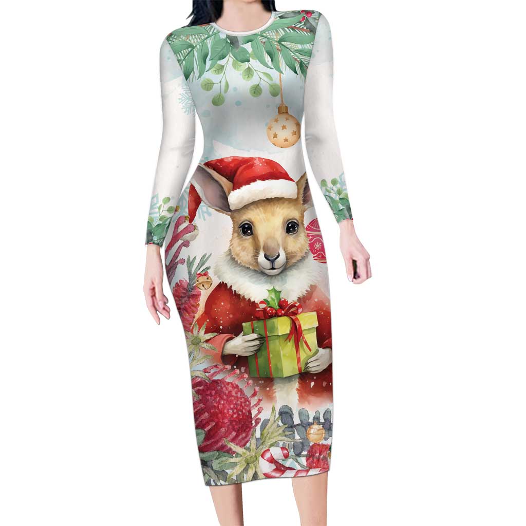 Australia Christmas Family Matching Long Sleeve Bodycon Dress and Hawaiian Shirt Kangaroo Santa With Aussie Flower - Watercolor