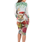 Australia Christmas Family Matching Long Sleeve Bodycon Dress and Hawaiian Shirt Kangaroo Santa With Aussie Flower - Watercolor