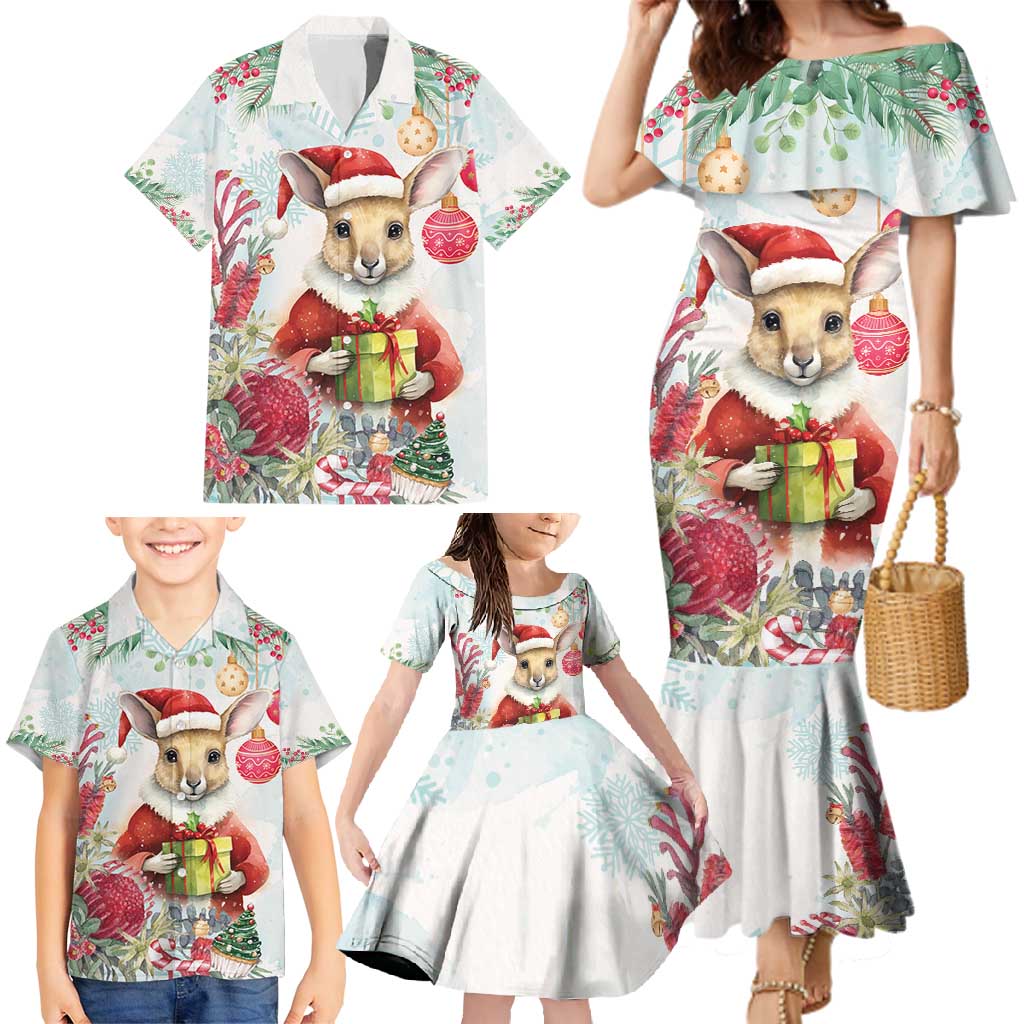 Australia Christmas Family Matching Mermaid Dress and Hawaiian Shirt Kangaroo Santa With Aussie Flower - Watercolor