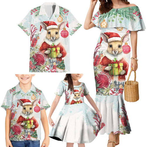 Australia Christmas Family Matching Mermaid Dress and Hawaiian Shirt Kangaroo Santa With Aussie Flower - Watercolor