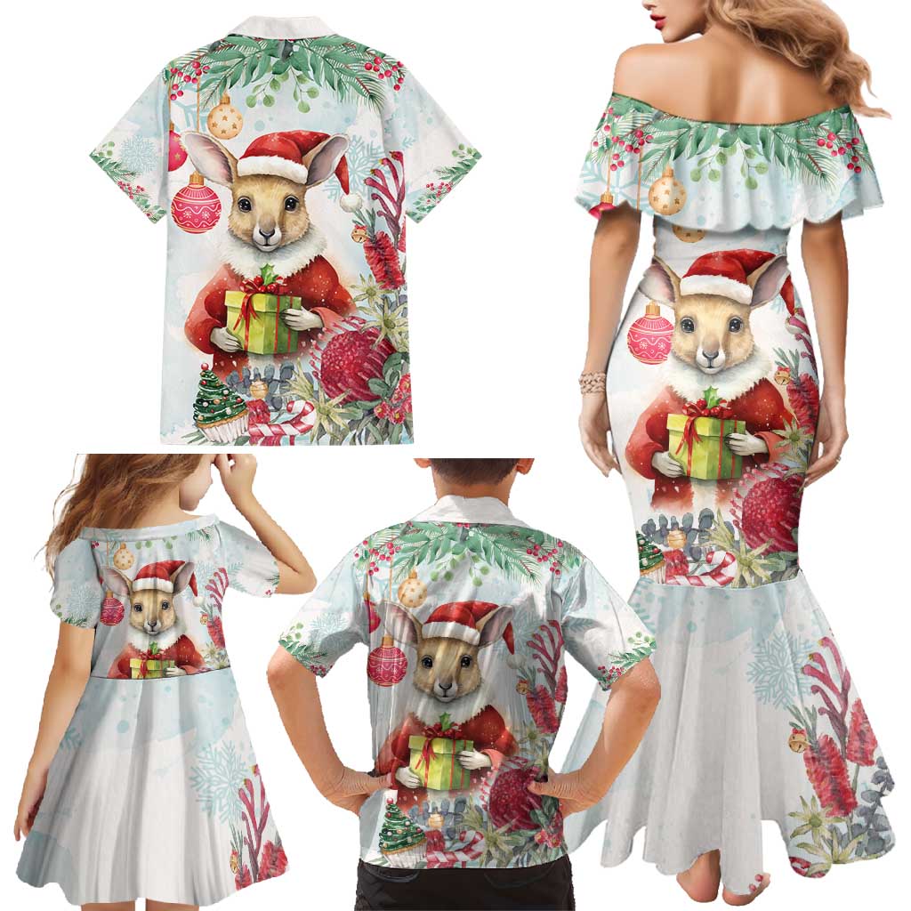 Australia Christmas Family Matching Mermaid Dress and Hawaiian Shirt Kangaroo Santa With Aussie Flower - Watercolor