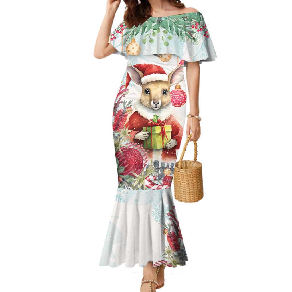 Australia Christmas Family Matching Mermaid Dress and Hawaiian Shirt Kangaroo Santa With Aussie Flower - Watercolor
