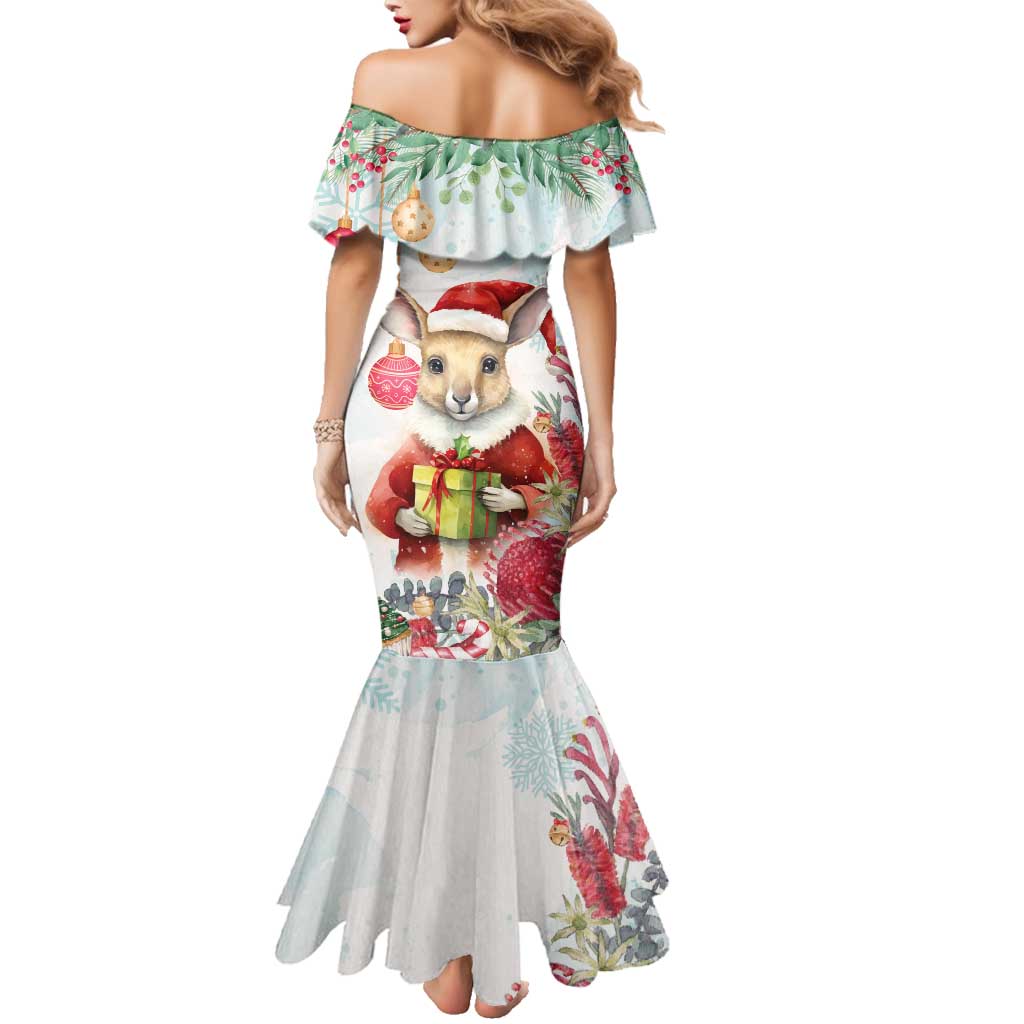 Australia Christmas Family Matching Mermaid Dress and Hawaiian Shirt Kangaroo Santa With Aussie Flower - Watercolor