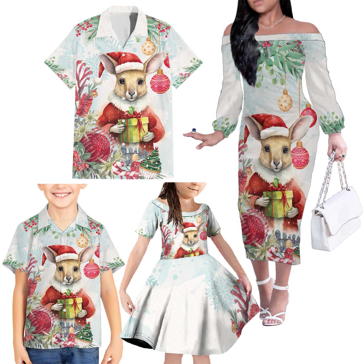 Australia Christmas Family Matching Off The Shoulder Long Sleeve Dress and Hawaiian Shirt Kangaroo Santa With Aussie Flower - Watercolor