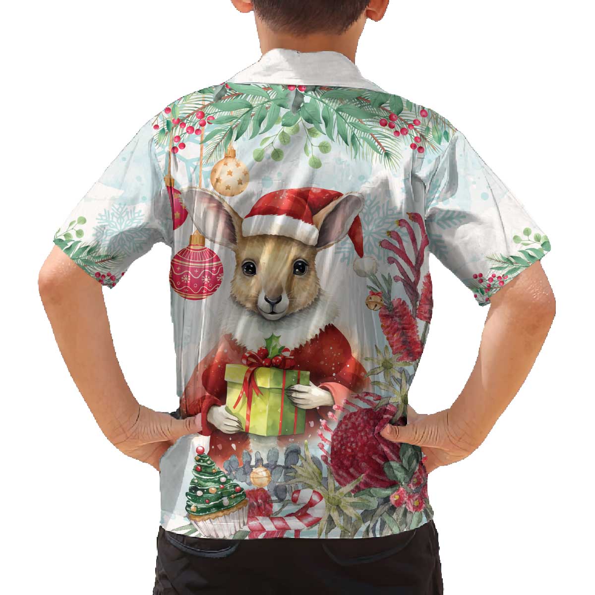 Australia Christmas Family Matching Off The Shoulder Long Sleeve Dress and Hawaiian Shirt Kangaroo Santa With Aussie Flower - Watercolor