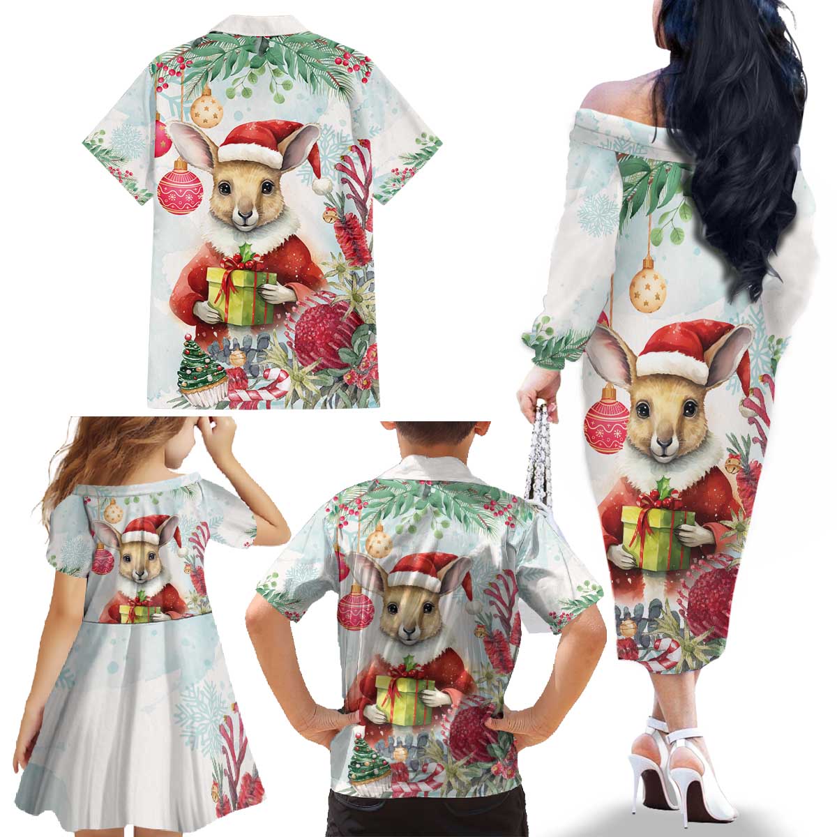 Australia Christmas Family Matching Off The Shoulder Long Sleeve Dress and Hawaiian Shirt Kangaroo Santa With Aussie Flower - Watercolor