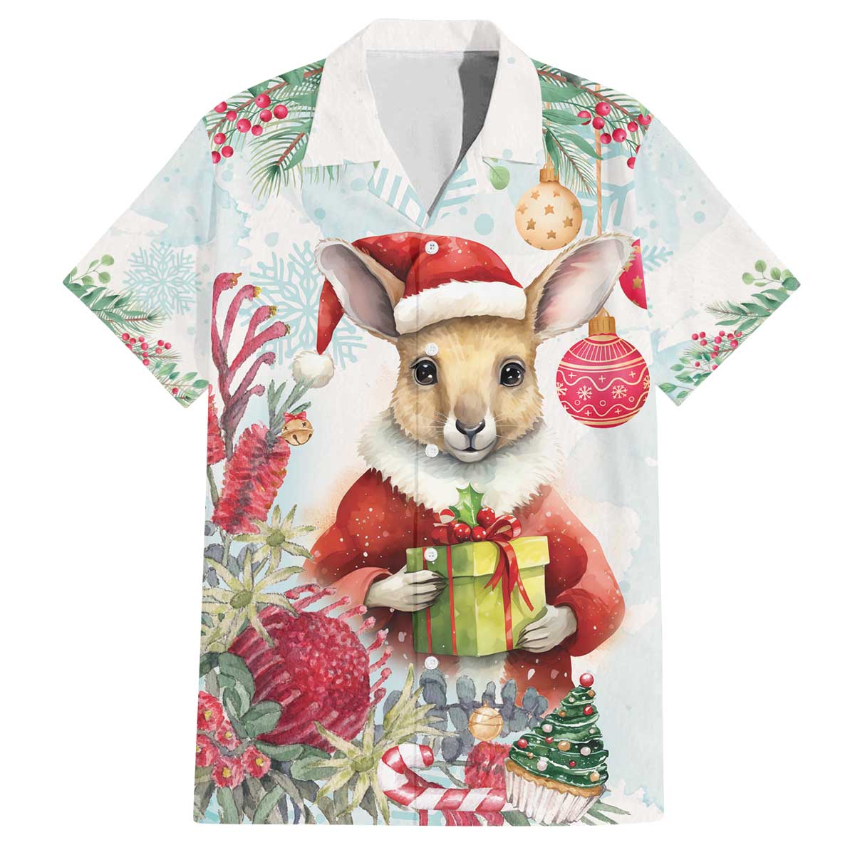 Australia Christmas Family Matching Off The Shoulder Long Sleeve Dress and Hawaiian Shirt Kangaroo Santa With Aussie Flower - Watercolor